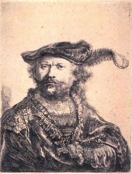 in Samtkappe und Plume SIL Porträt Rembrandt Ölgemälde